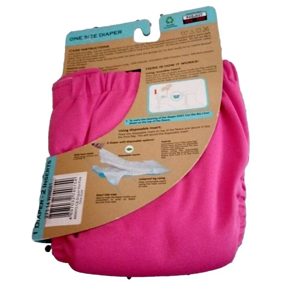 Charlie Banana Cloth Diaper, One Size Hot Pink Reusable 1 Diaper 2 Inserts New